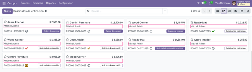 Vista Kanban actualizada con borde de color y nombre del comprador