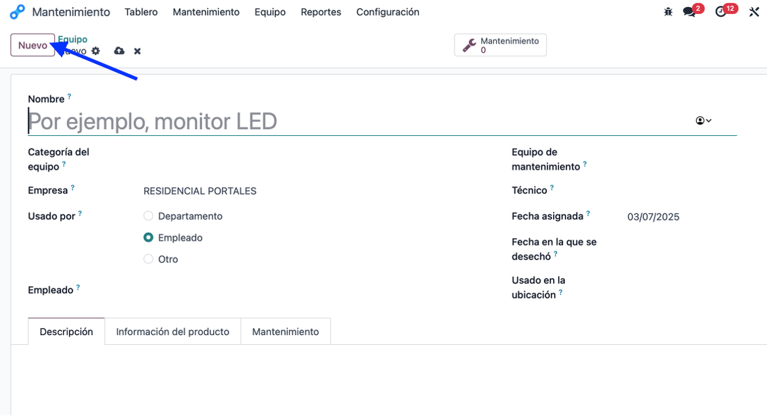 Registro de equipo en el módulo Mantenimiento