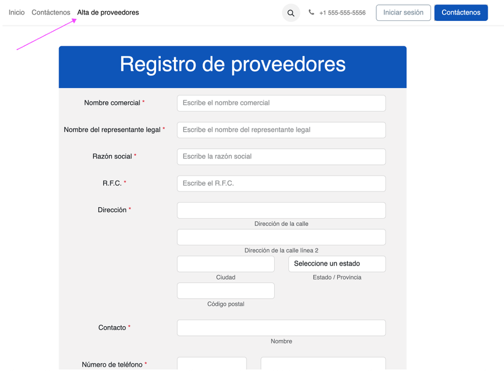 Menú de portal de proveedores en el sitio web