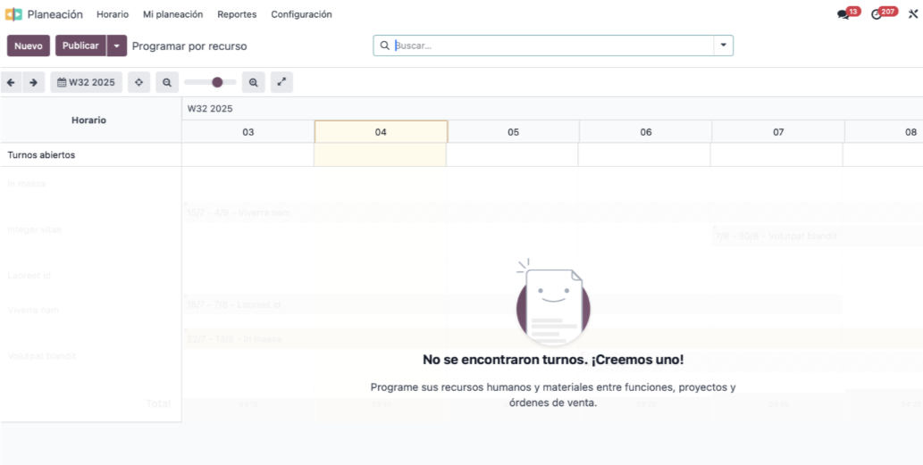 Vista Gantt por defecto del módulo Planificación
