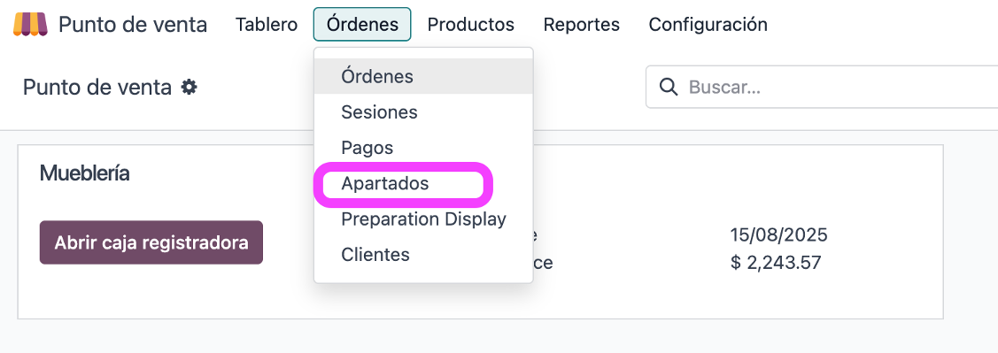 Submenú de apartados dentro de Órdenes en POS