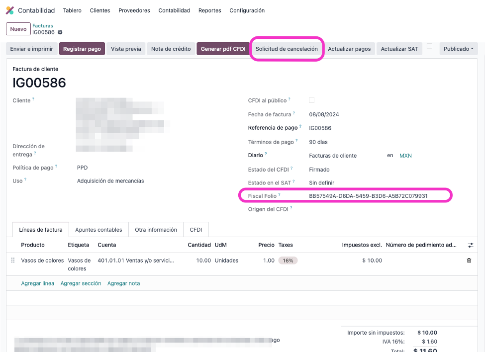Botón Solicitud de cancelación en la factura