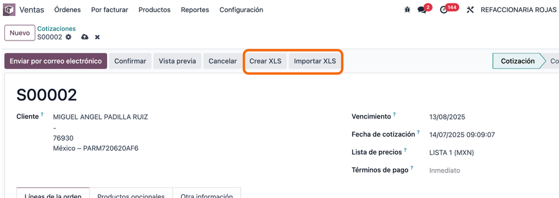 Botones de exportar/importar XLS en la vista de venta