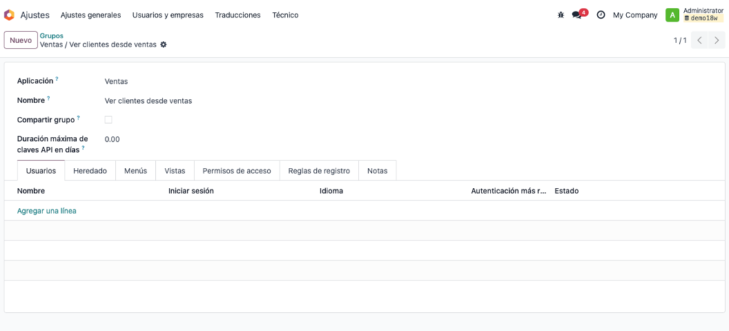 Crear grupo Ver clientes desde ventas