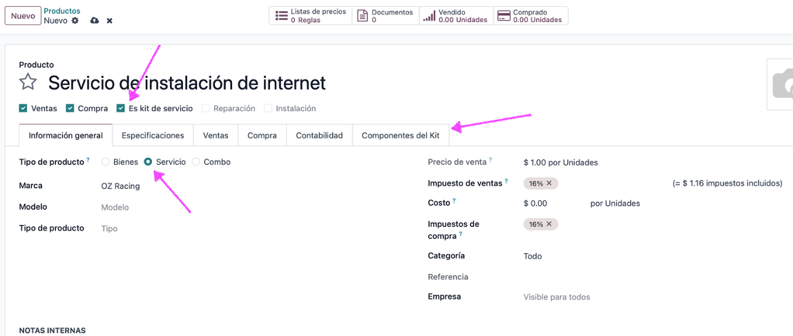 Producto servicio con check 'es un kit' activado