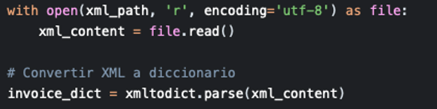 Lectura del XML y conversión a diccionario con xmltodict