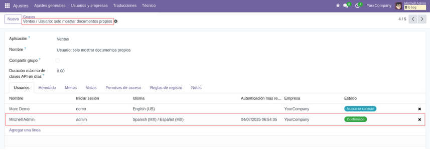 Asignación del grupo al usuario