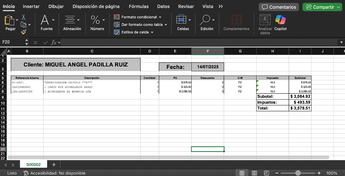 Archivo XLS exportado con todos los datos