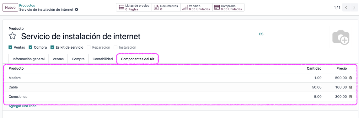 Componentes del kit con cantidades y precios