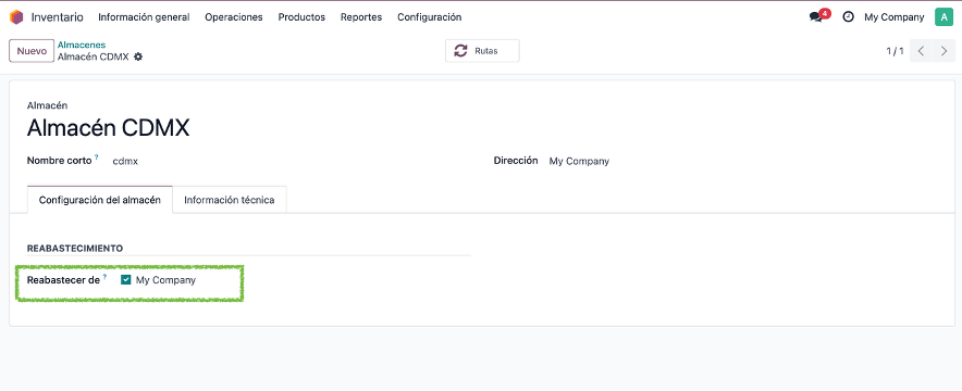 Opción de reabastecer desde otro almacén