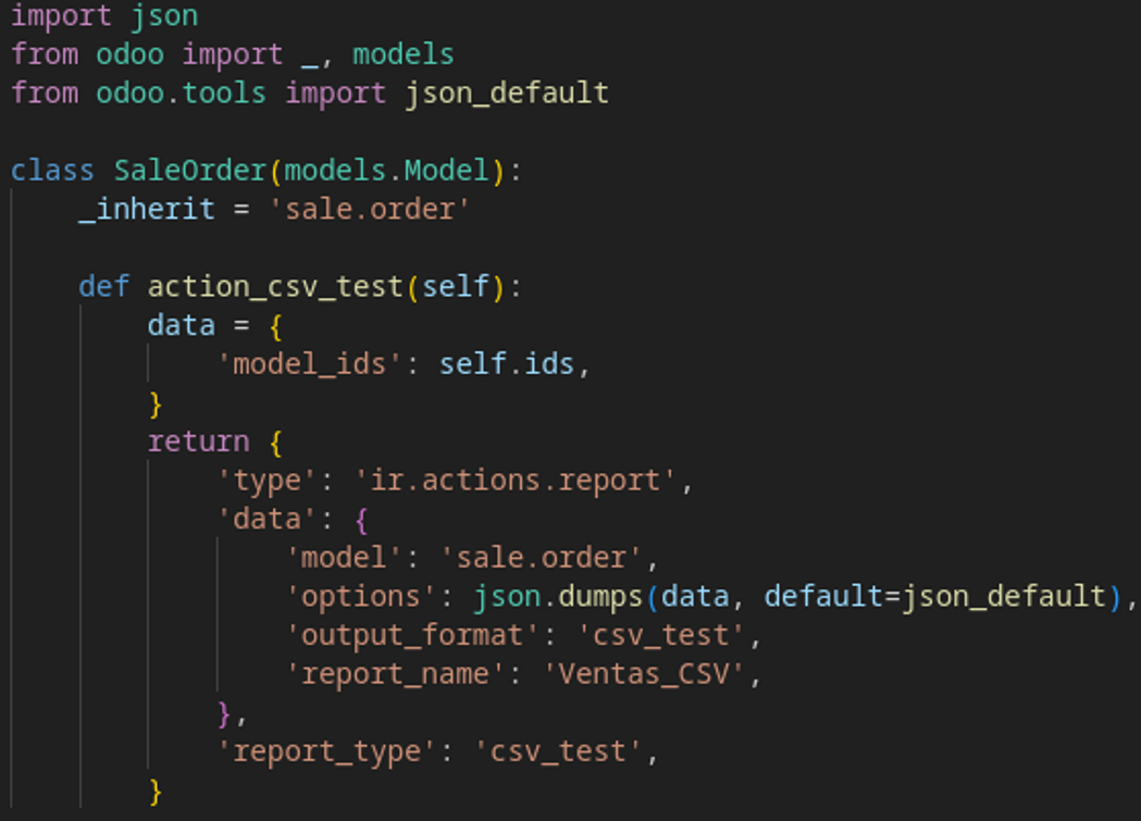 Función Python que retorna ir.actions.report con type csv_test