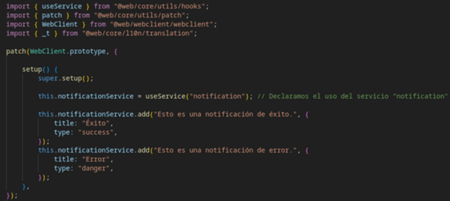 Código JS con dos notificaciones desde el WebClient