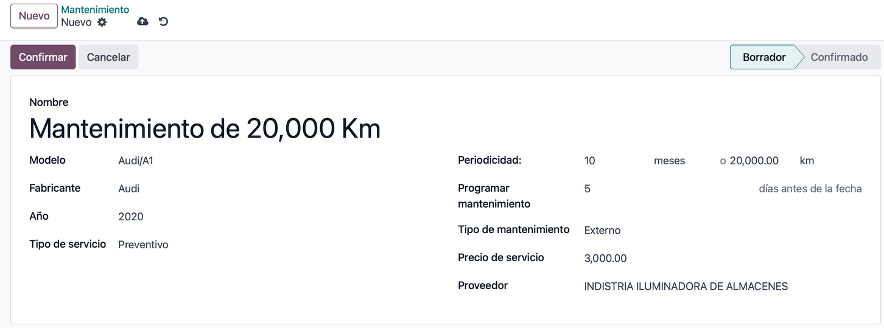 Formulario de mantenimiento con todos los campos
