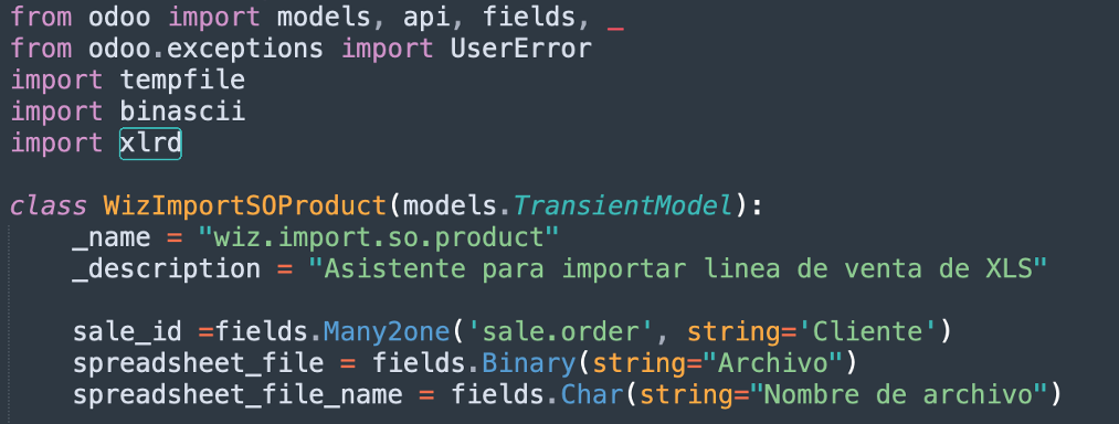 Definición del wizard con sale_id y spreadsheet_file