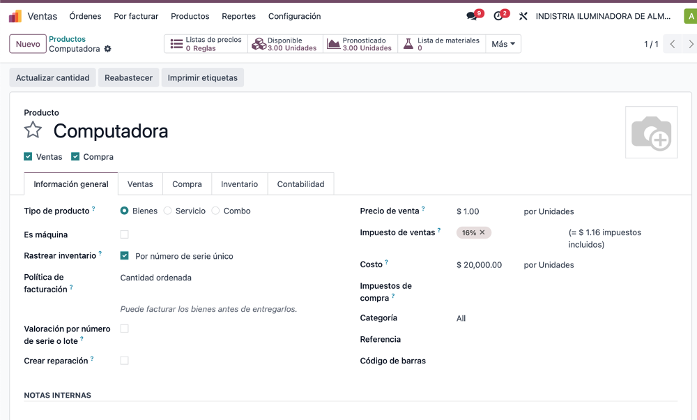 Configuración del producto Computadora