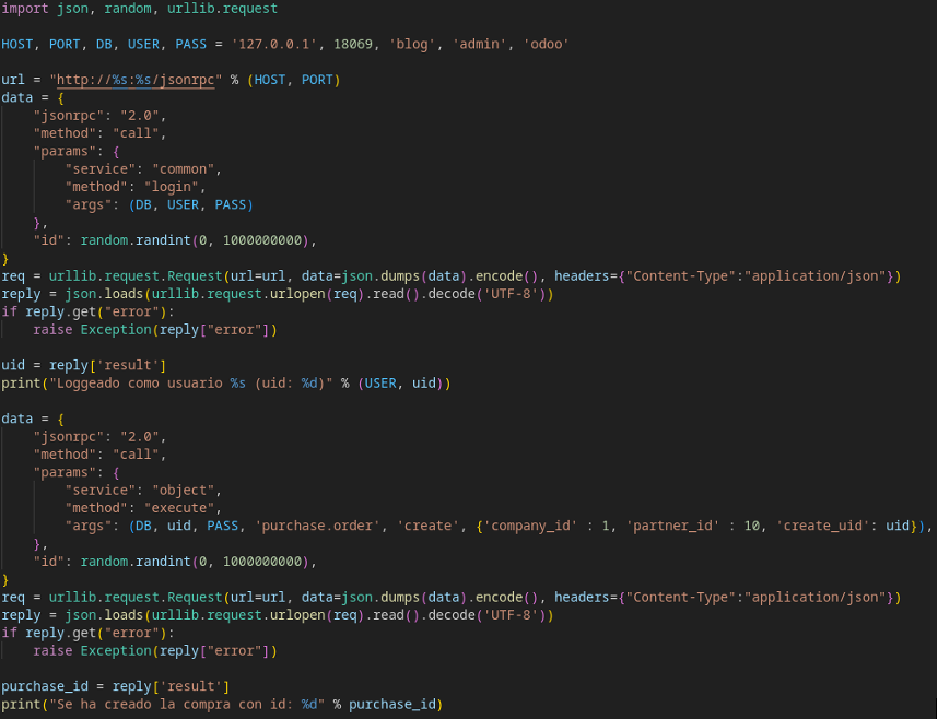 Código Python con JSON-RPC para crear compra