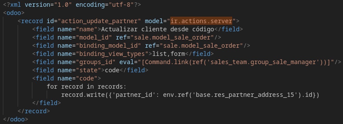 Acción de servidor con type=code y código Python simplificado