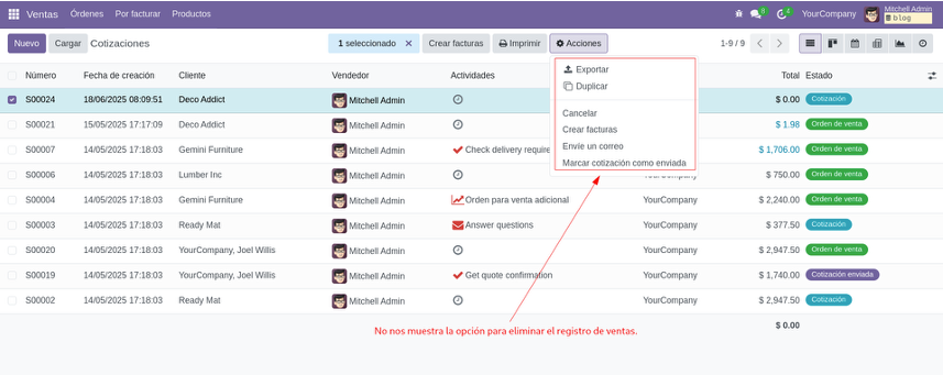 Imposibilidad de eliminar ventas debido al permiso