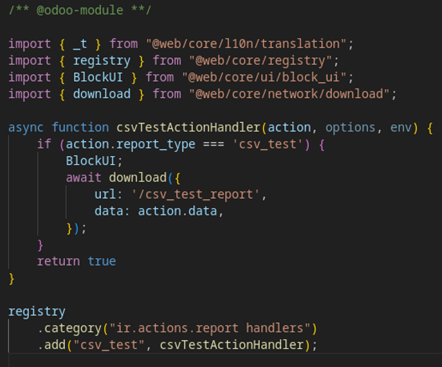 Código JS que registra el handler csv_test en assets_backend