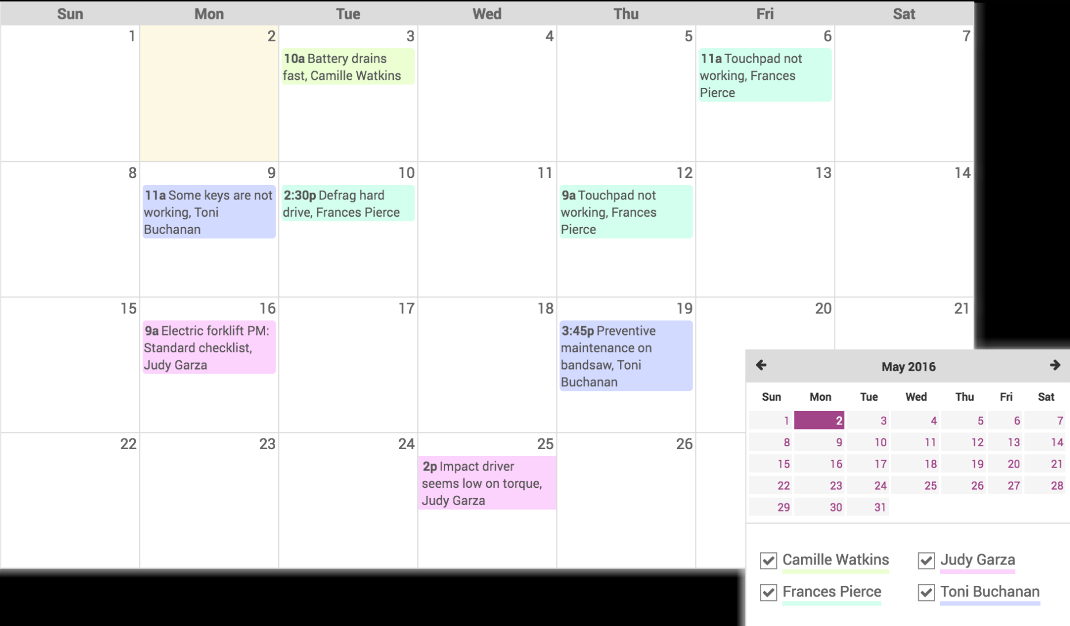Calendario de mantenimientos programados