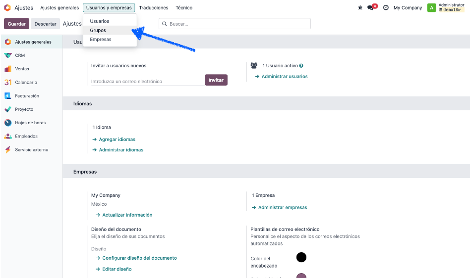 Acceso a Grupos desde el menú Usuarios y empresas