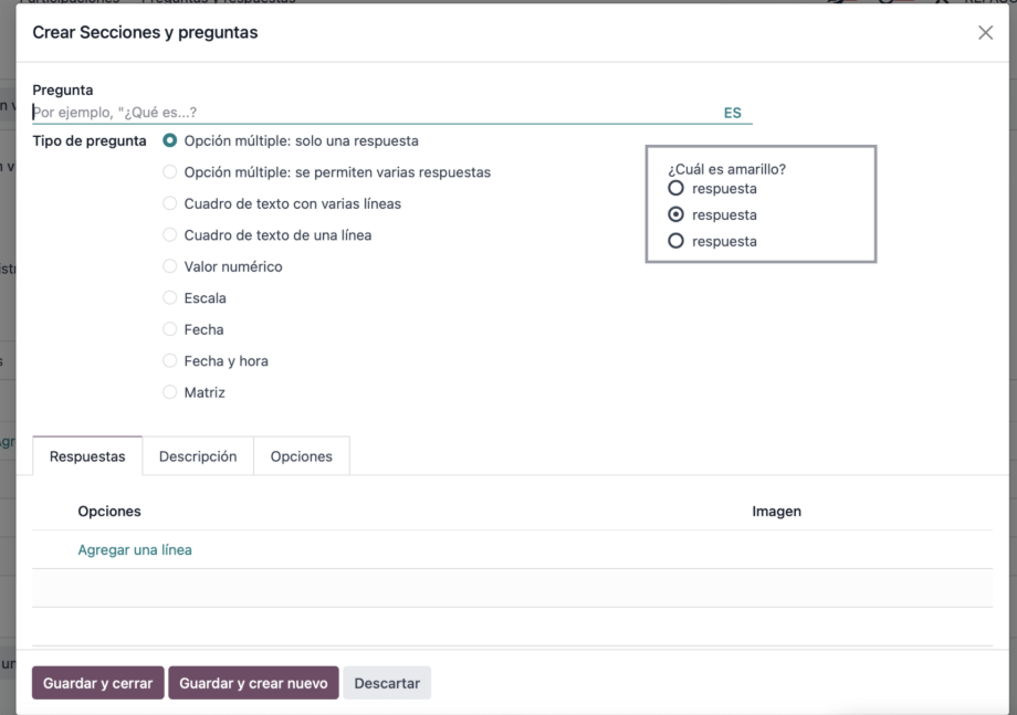 Selector de tipos de pregunta disponibles