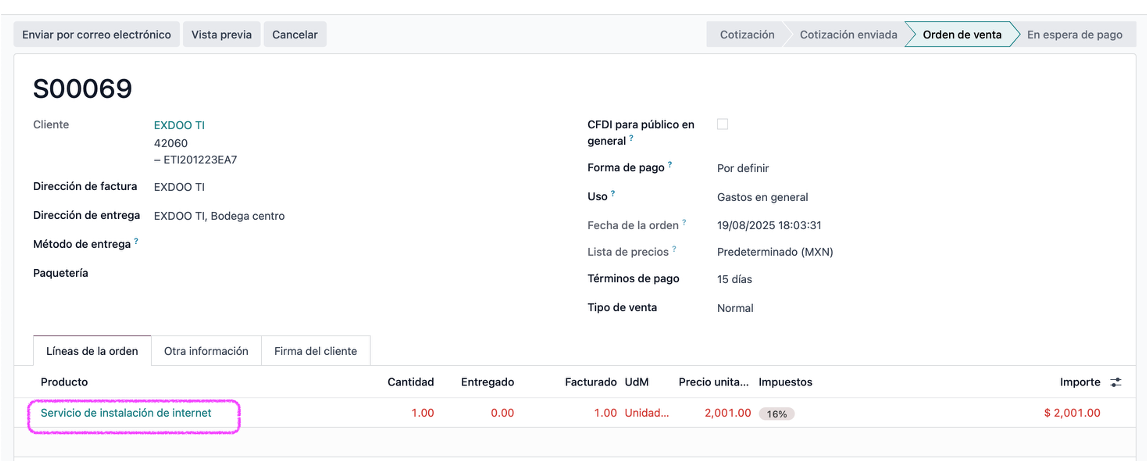 Venta del servicio en una orden de venta