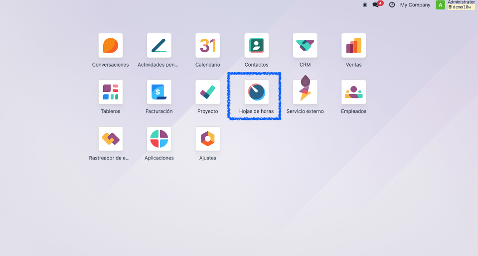 Módulo Hojas de horas visible en el dashboard