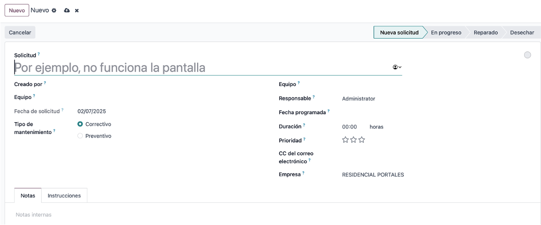 Solicitud de mantenimiento creada