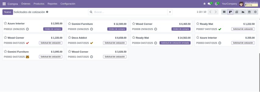 Vista Kanban del módulo Compras
