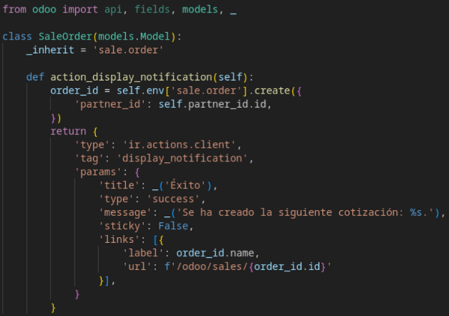 Código Python que crea venta y retorna display_notification con link