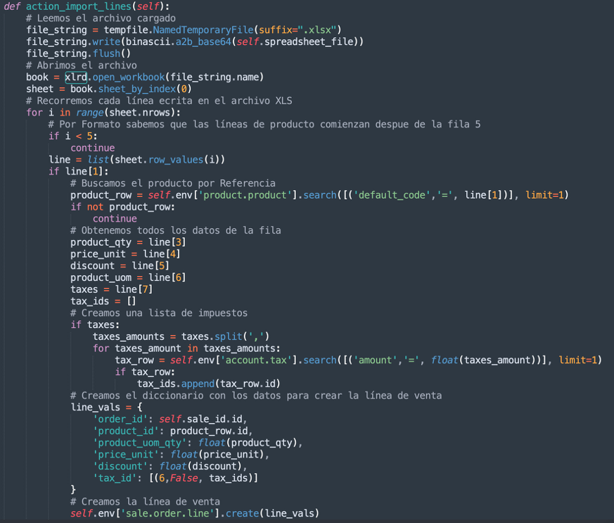 Acción Python que lee el XLS y crea líneas de venta