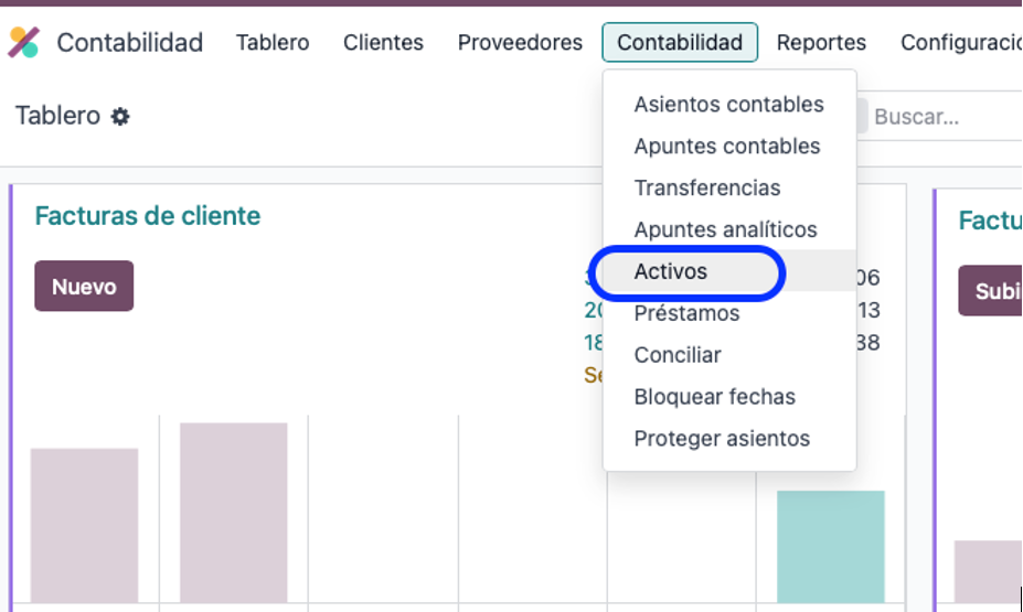 Acceso al menú de Activos en Contabilidad