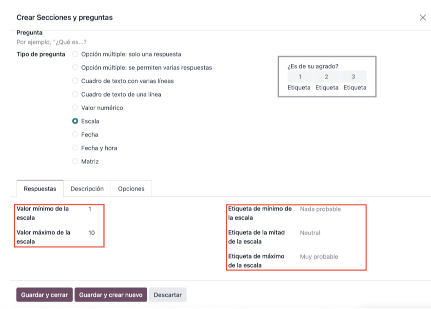 Configuración de una pregunta con sus opciones