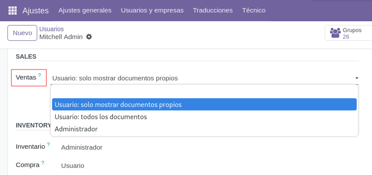 Permiso Ventas / Administrador en grupos del módulo de ventas