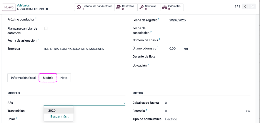 Configuración del año en el registro del vehículo