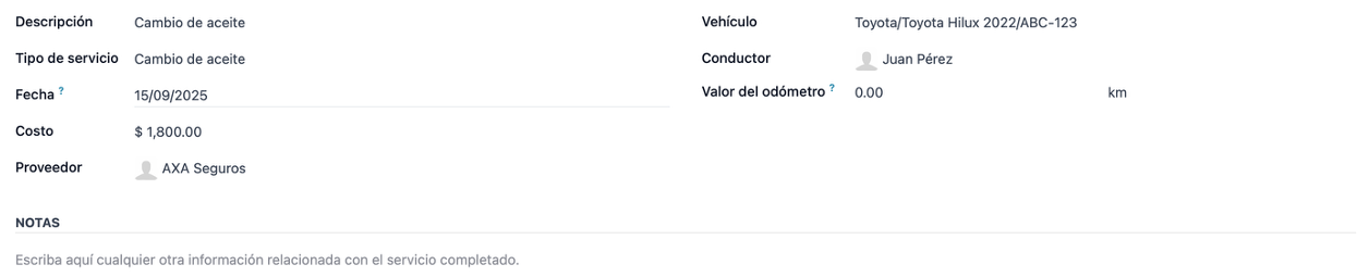 Registro de costo asociado a un vehículo