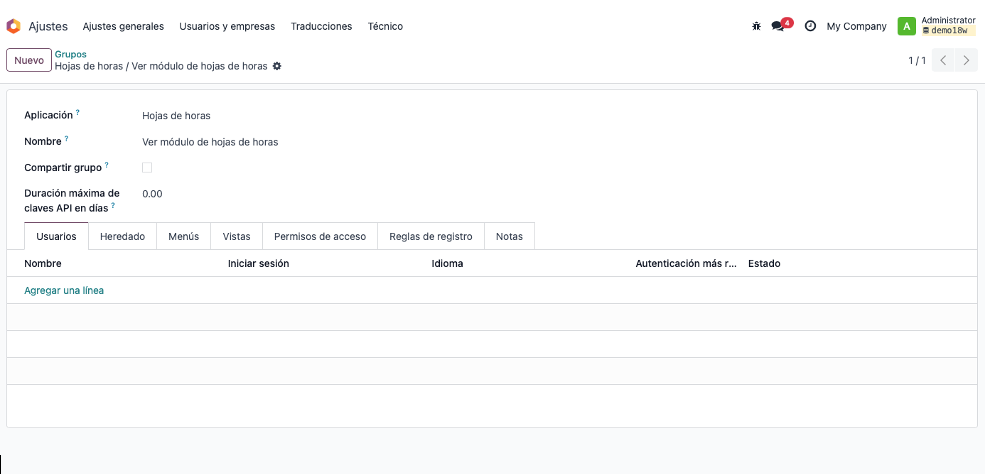 Crear nuevo grupo asociado a Hojas de horas