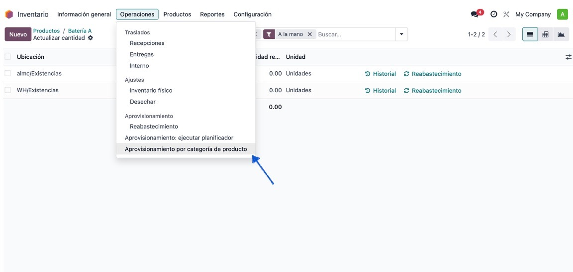 Acceso al menú de aprovisionamiento por categoría
