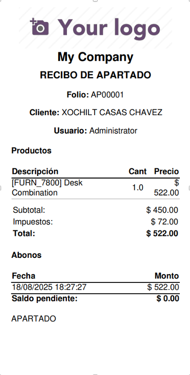 Ticket impreso con el saldo del apartado