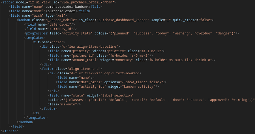 Código XML de la vista Kanban de compras