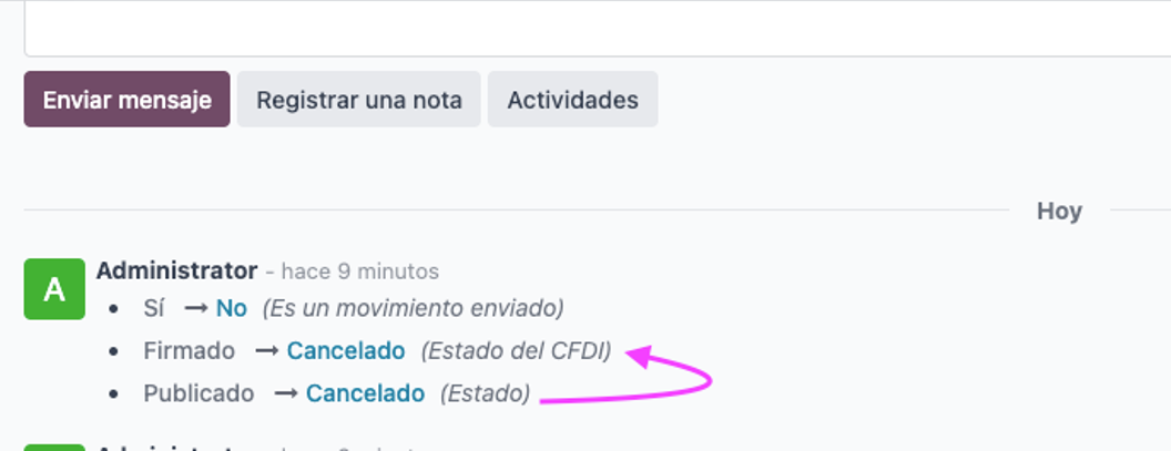 Historial con la acción de cancelación registrada