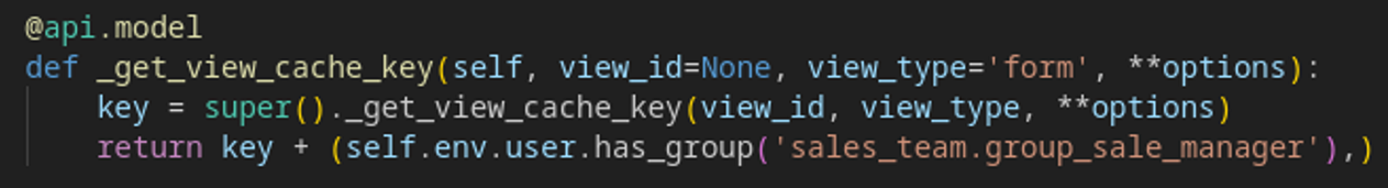 Override de _get_view_cache_key añadiendo el grupo al cache