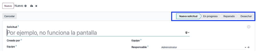 Vista Kanban con los estados de mantenimiento