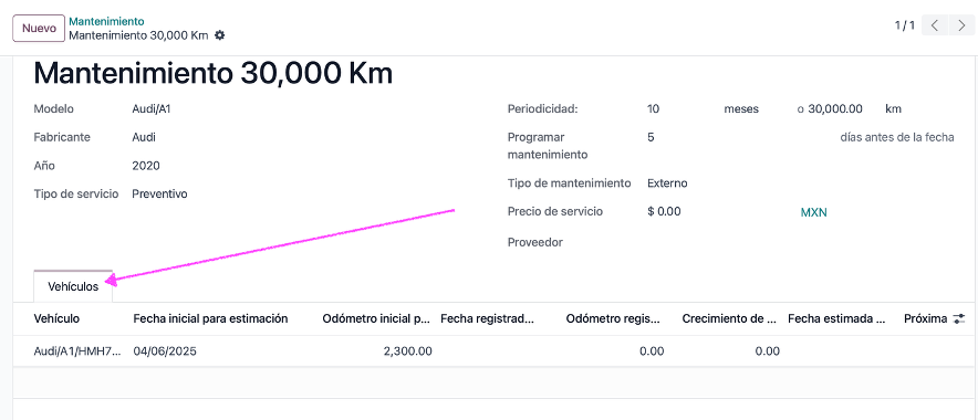 Pestaña con estimaciones por vehículo