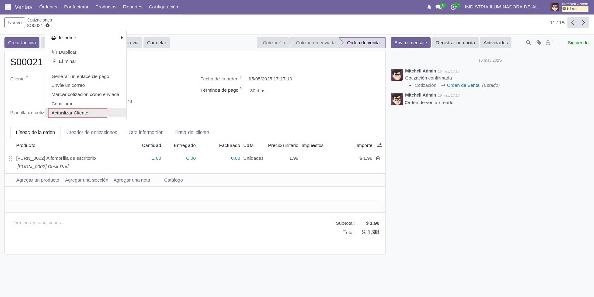 Cliente actualizado tras la acción