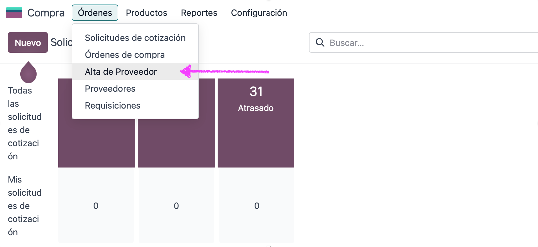 Menú de portal de proveedores dentro de Compras