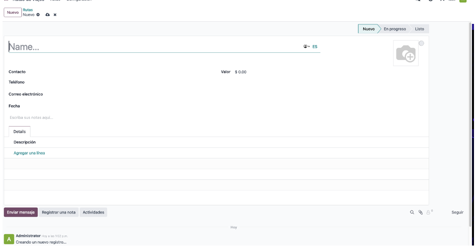 Vista del registro con configuración generada