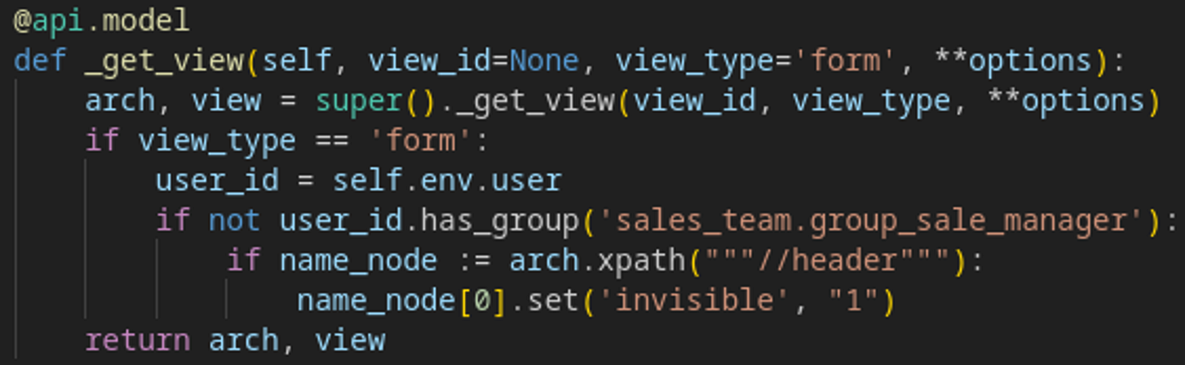 Override de _get_view aplicando invisible al header con XPath