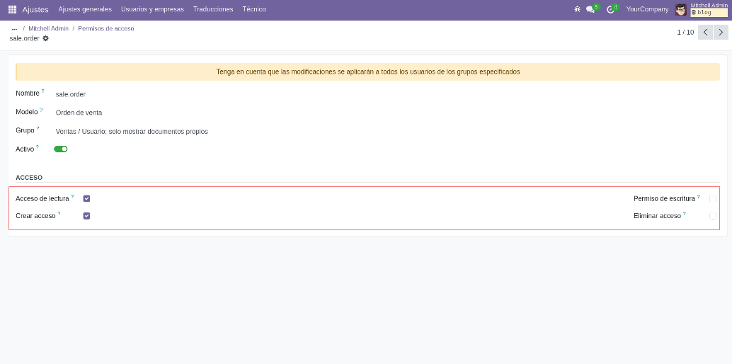Edición de permisos de acceso desde la UI de Odoo